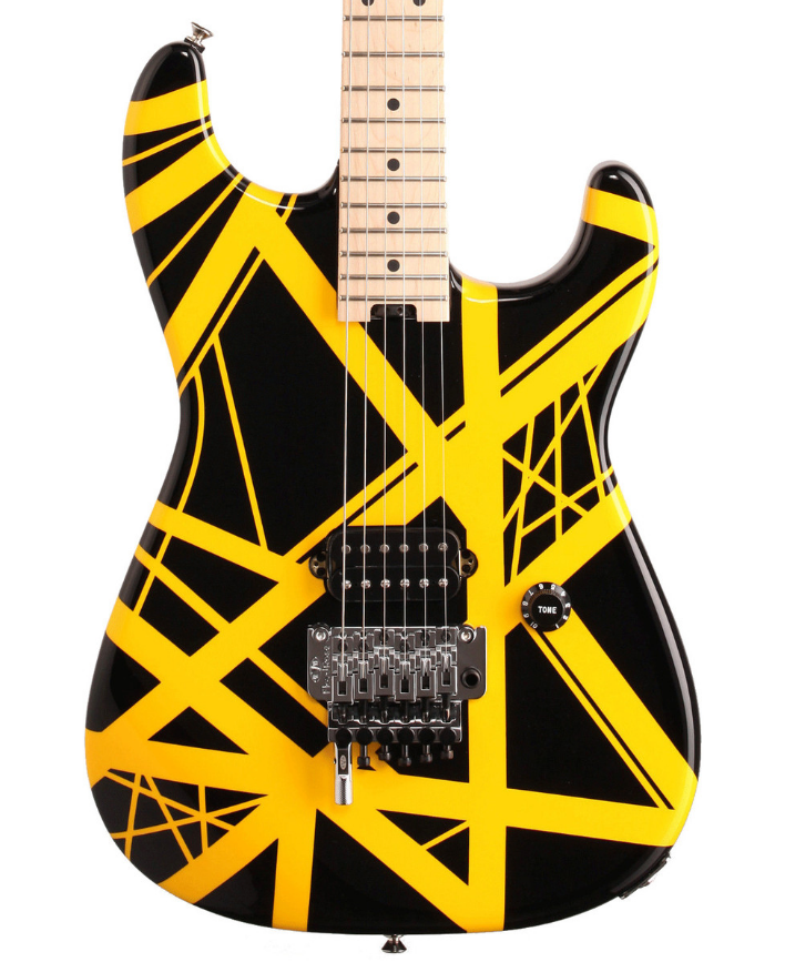Electric guitar with a black body and bold yellow crisscrossed stripes, a single black pickup, one tone knob, and a chrome tremolo bridge.