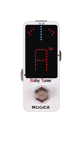 Compact white Mooer Baby Tuner effects pedal with a digital display showing the note A sharp in red LEDs and a large footswitch below.