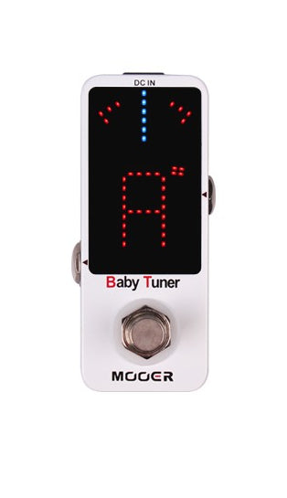 Compact white Mooer Baby Tuner effects pedal with a digital display showing the note A sharp in red LEDs and a large footswitch below.