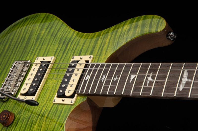 Green electric guitar with a striped wood pattern, two humbucker pickups, and fretboard inlays shaped like birds.