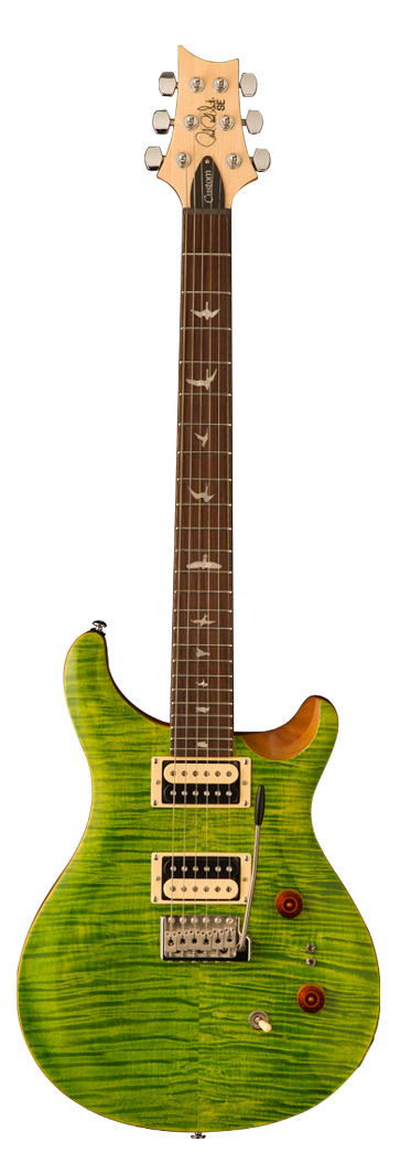 Bright green electric guitar with two humbucker pickups, whammy bar, bird-shaped fret inlays, and a quilted maple top.