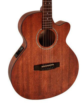 Brown acoustic guitar with a cutaway body, six strings, circular sound hole, and a built-in side control panel.