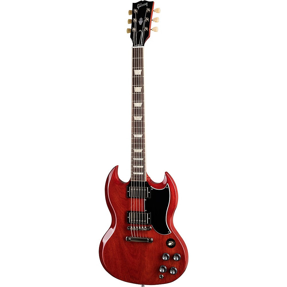 Red electric guitar with a double-cutaway body, black pickguard, six tuning pegs, and four control knobs.