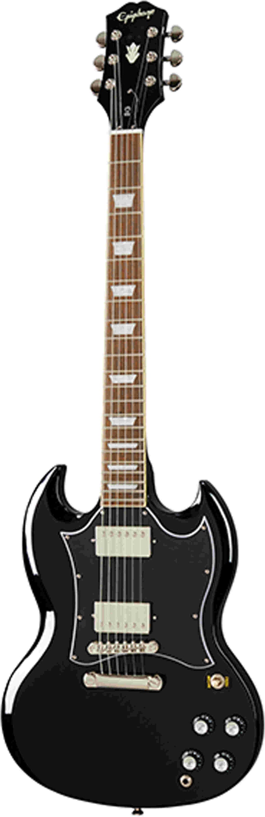Black solid-body electric guitar with double cutaway horns, two humbucker pickups, four control knobs, and a brown fretboard with trapezoid inlays.