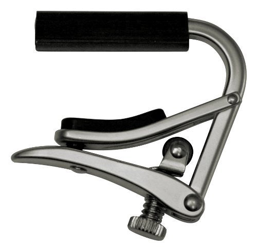 Metal guitar capo with a curved arm, padded rubber bar, spring-loaded clamp, and adjustable screw for tightening.