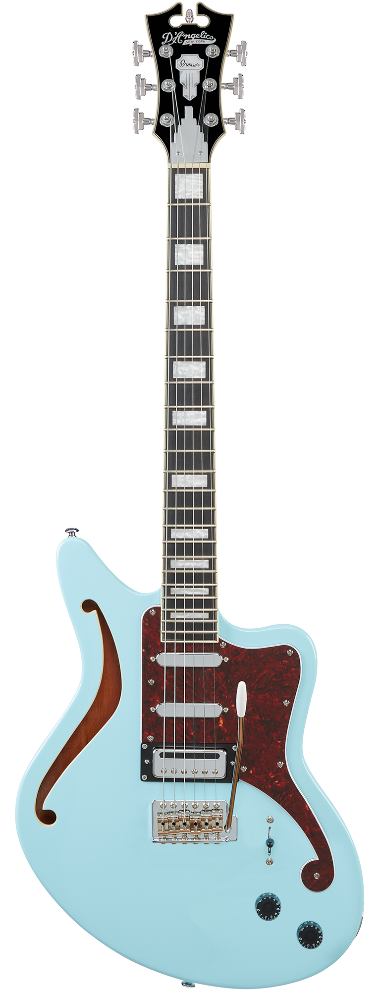 Light blue electric guitar with a single f-hole, red tortoiseshell pickguard, two pickups, and rectangular inlays on the fretboard.