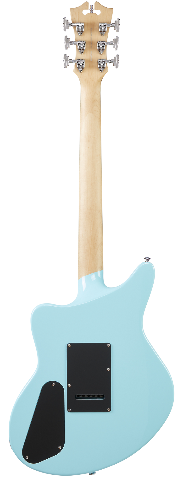 Electric guitar in light blue, shown from the back with a natural wood neck and chrome tuners, featuring two black plastic access panels.