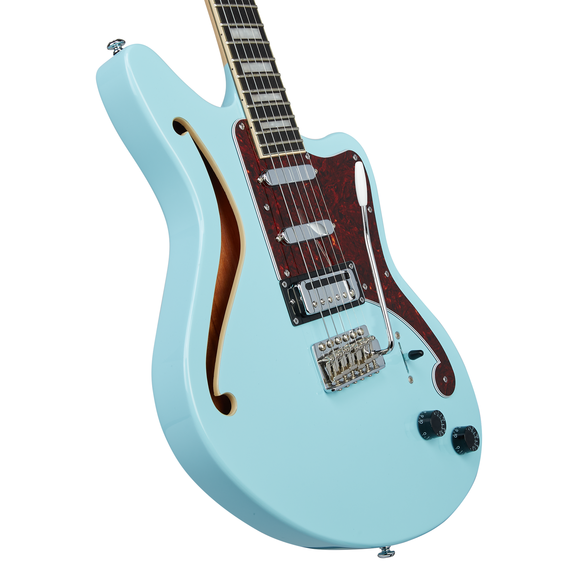 Light blue electric guitar with a semi-hollow body, tortoiseshell pickguard, three pickups, whammy bar, and two black control knobs.