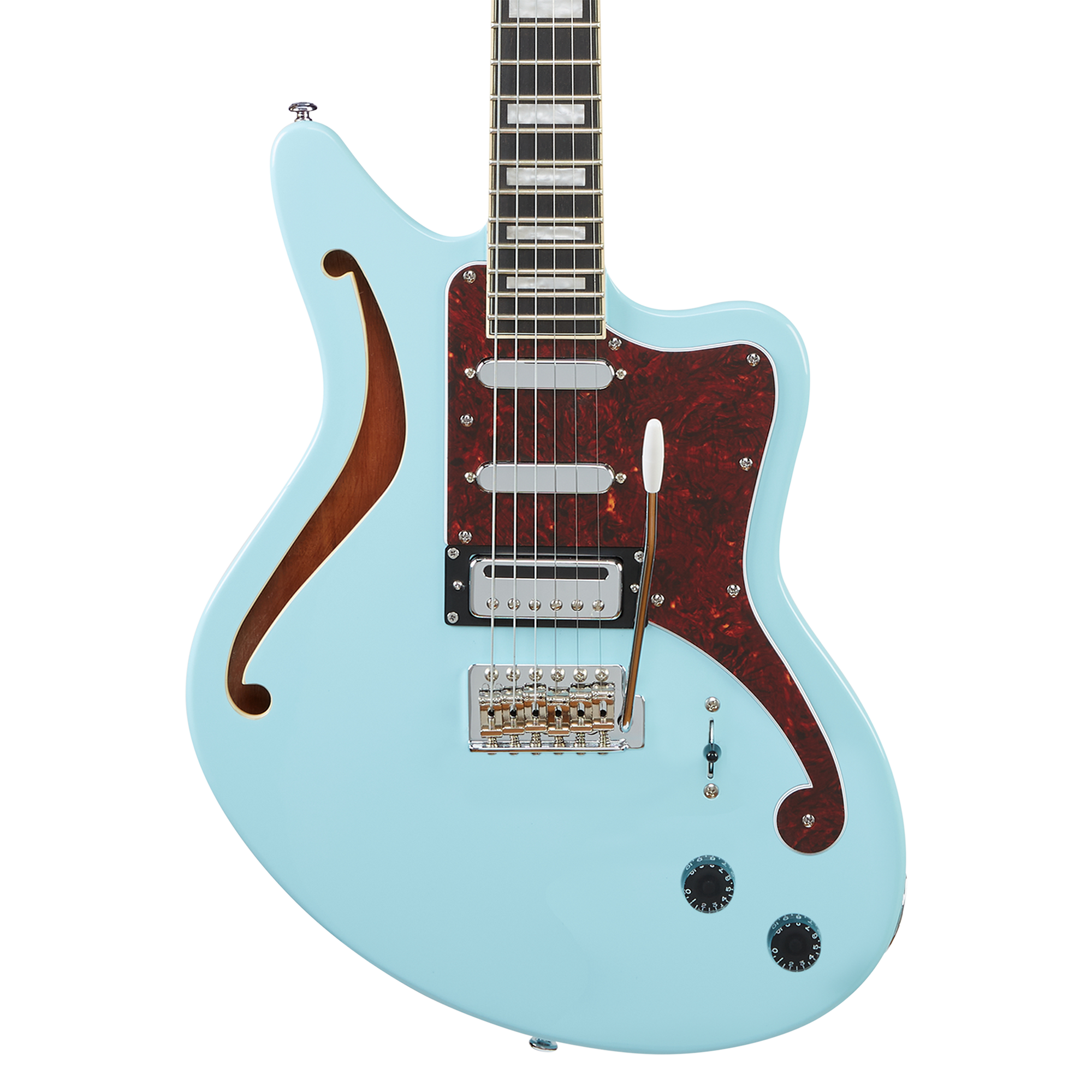 Light blue electric guitar with an f-hole, three pickups, dark red pickguard, tremolo arm, and two black control knobs.