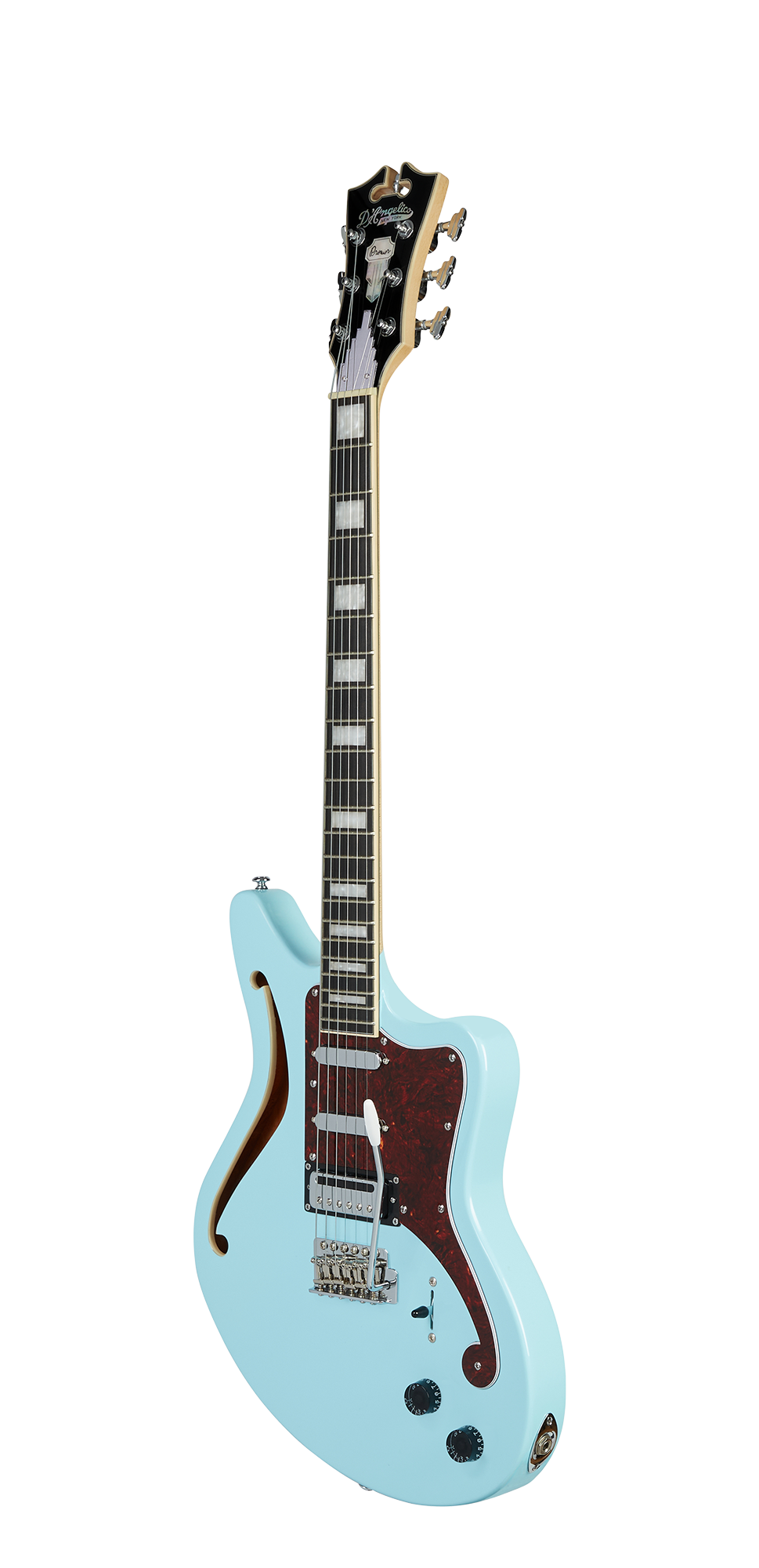 Light blue electric guitar with white fretboard inlays, a cutaway body, brown tortoiseshell pickguard, and a distinctive f-hole on the left.