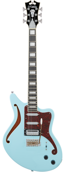 Light blue electric guitar with a single f-hole, red tortoiseshell pickguard, two pickups, and rectangular inlays on the fretboard.