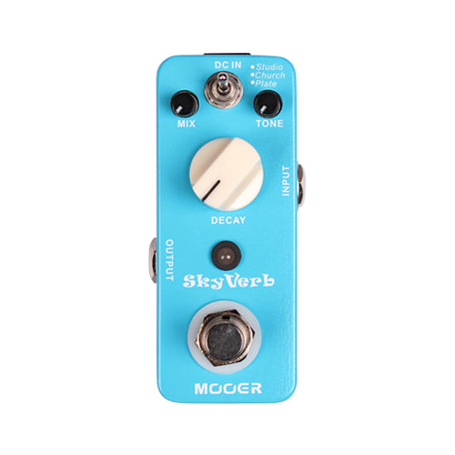 Compact blue effects pedal labeled SkyVerb, with three small knobs (Mix, Tone, Decay), a footswitch, and input/output jacks. Suitable for guitar.