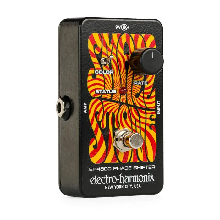 Electro-Harmonix phase shifter effects pedal with a psychedelic orange-yellow swirl design, one large knob, a toggle switch, and footswitch.