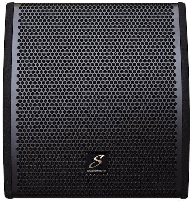 Black Studiomaster speaker monitor with a hexagonal mesh front grille and a silver logo at the bottom center.