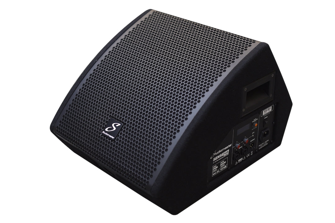 Black stage monitor speaker with a slanted front grille, control panel, input/output ports, and a carry handle on the side.