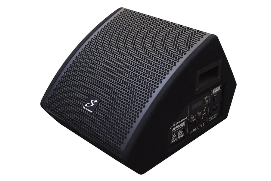 Black stage monitor speaker with a slanted front grille, control panel, input/output ports, and a carry handle on the side.