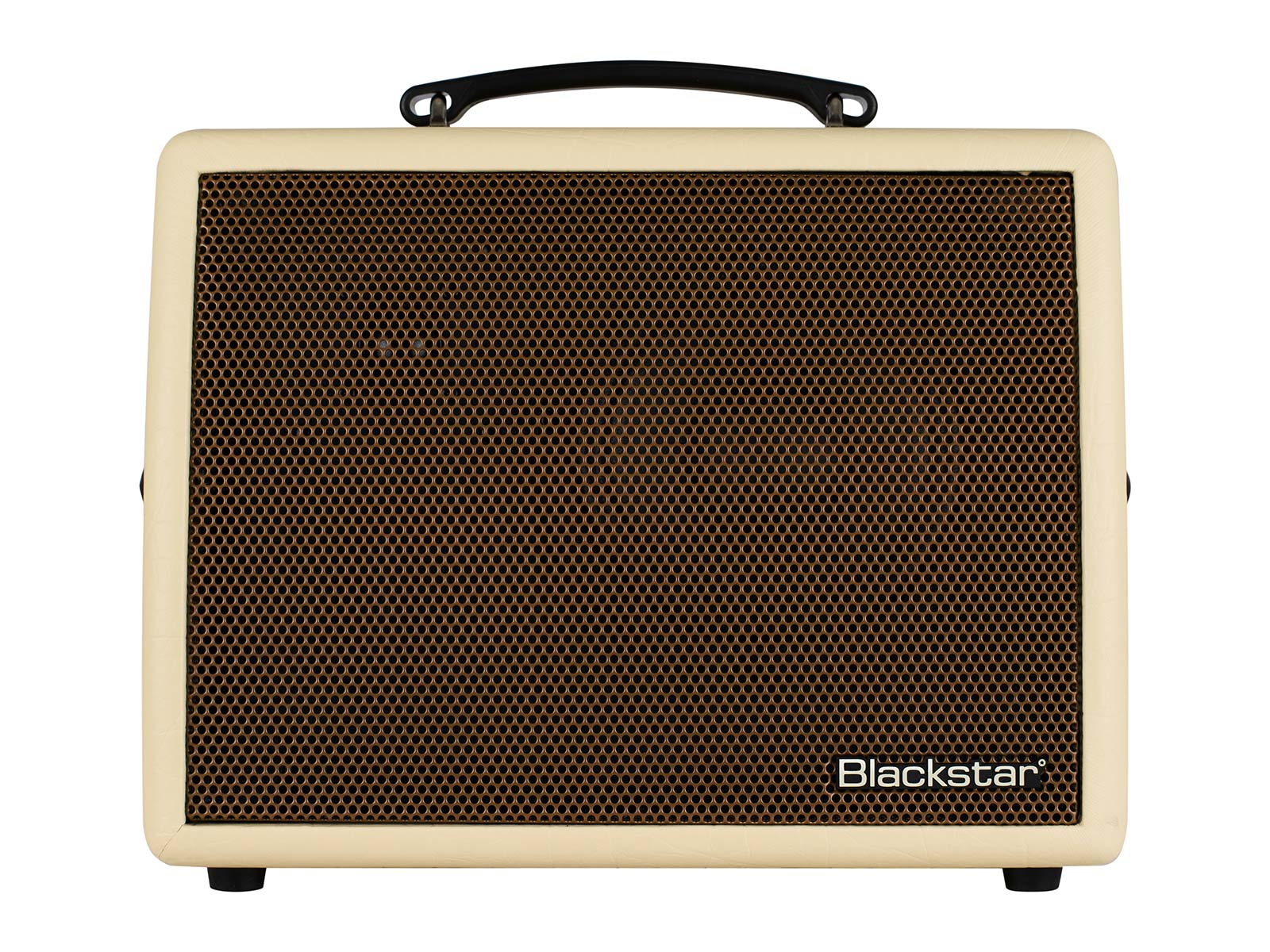 Cream-colored Blackstar amplifier with a large brown speaker grille, black handle on top, and small Blackstar logo at the bottom right corner.