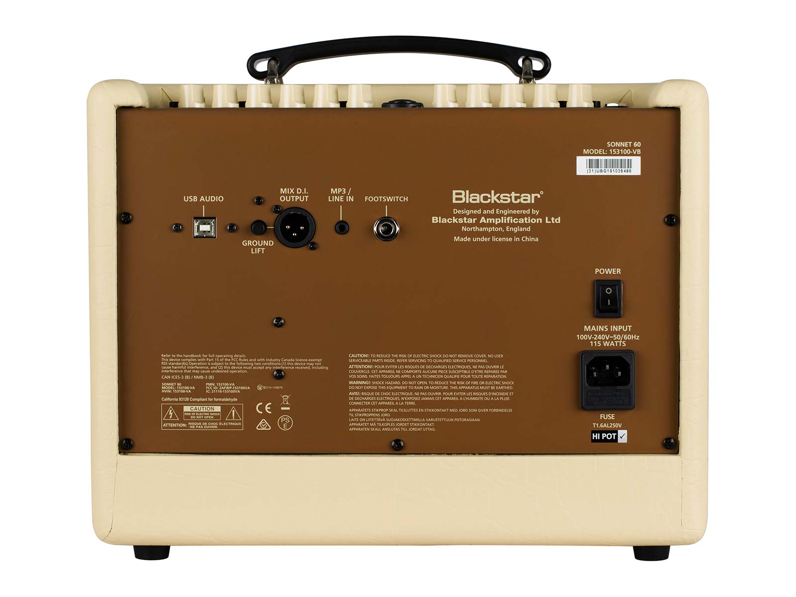 Rear panel of a cream-colored Blackstar amplifier showing USB audio, XLR output, line in, footswitch, power switch, and mains input socket.