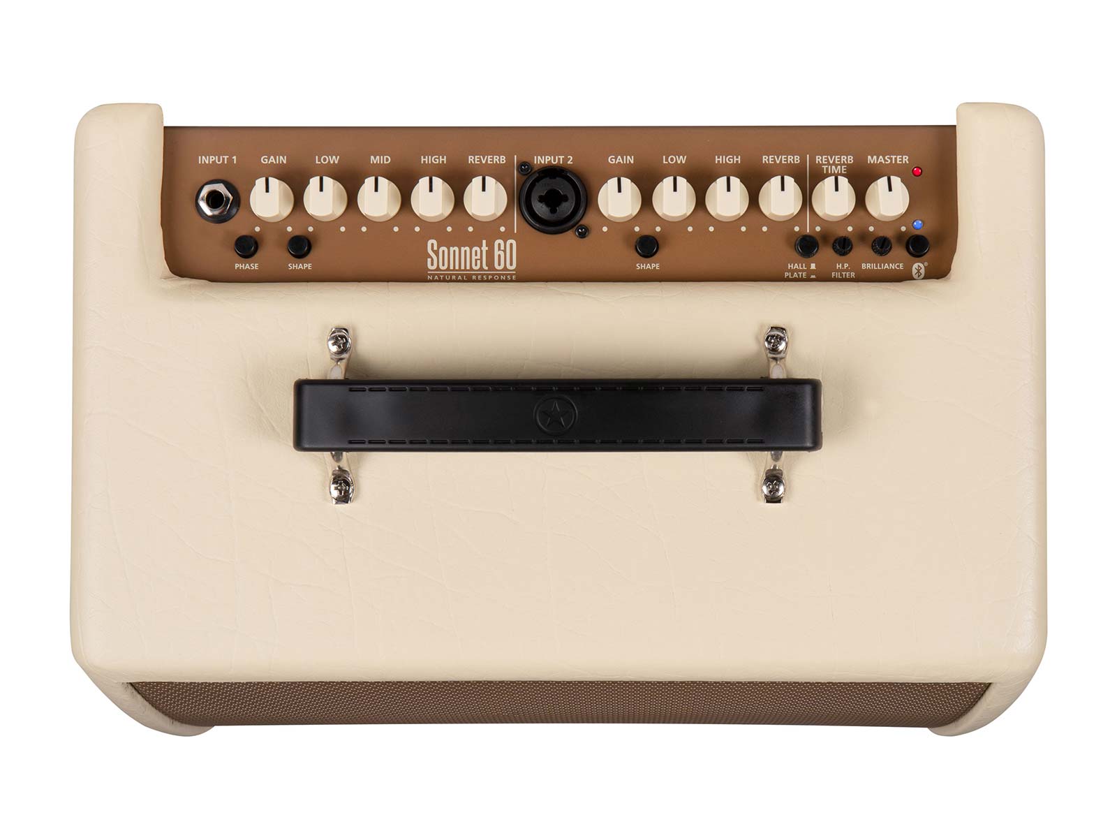 Cream-colored amplifier with a brown control panel, two input jacks, ten white knobs, several small black buttons, and a black carrying handle on top.