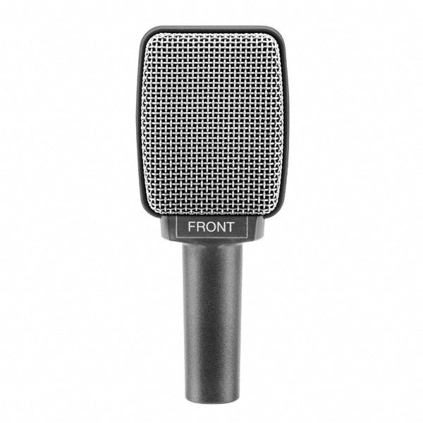Rectangular pro audio microphone with a metal mesh grille, black handle, and a label reading "FRONT" beneath the head.