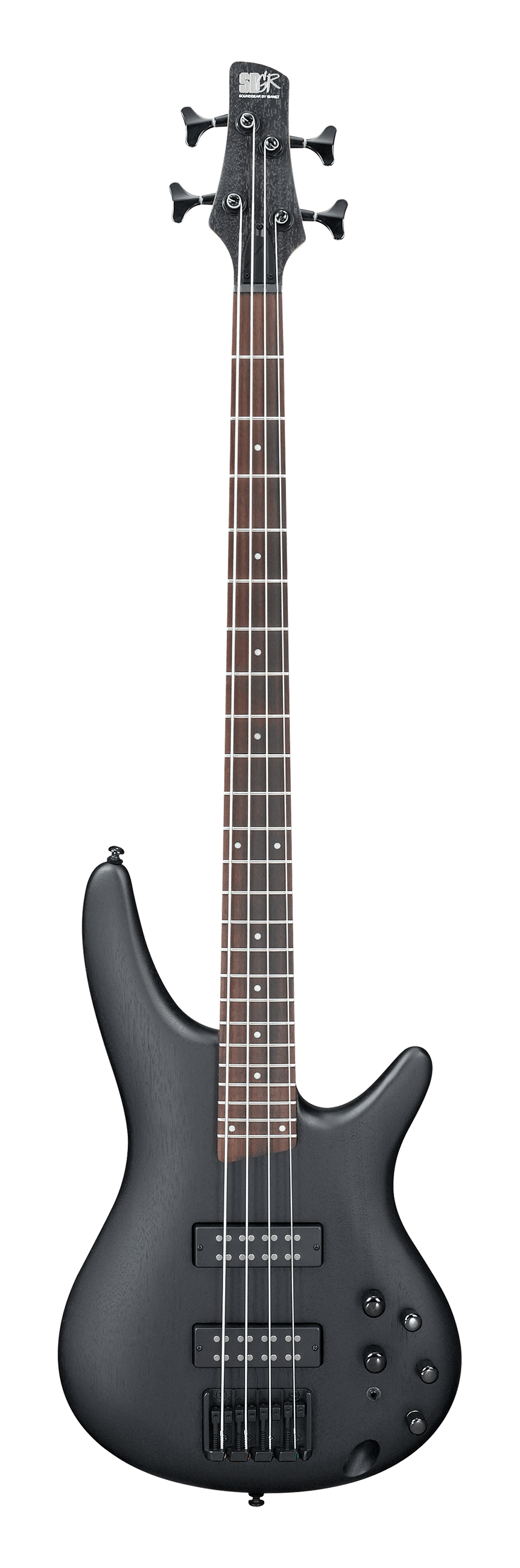Matte black 4-string electric bass guitar with a smooth double-cutaway body, two large pickups, four control knobs, and a rosewood fretboard.