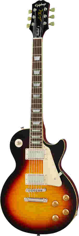 Sunburst-finish electric guitar with single-cutaway body, two humbucker pickups, four control knobs, and white pickguard.