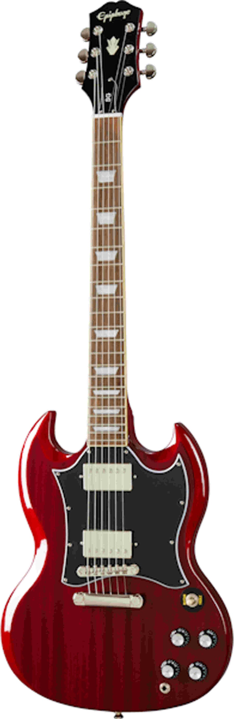 Red Epiphone electric guitar with double cutaway body, white pickguard, two humbucker pickups, and four control knobs.