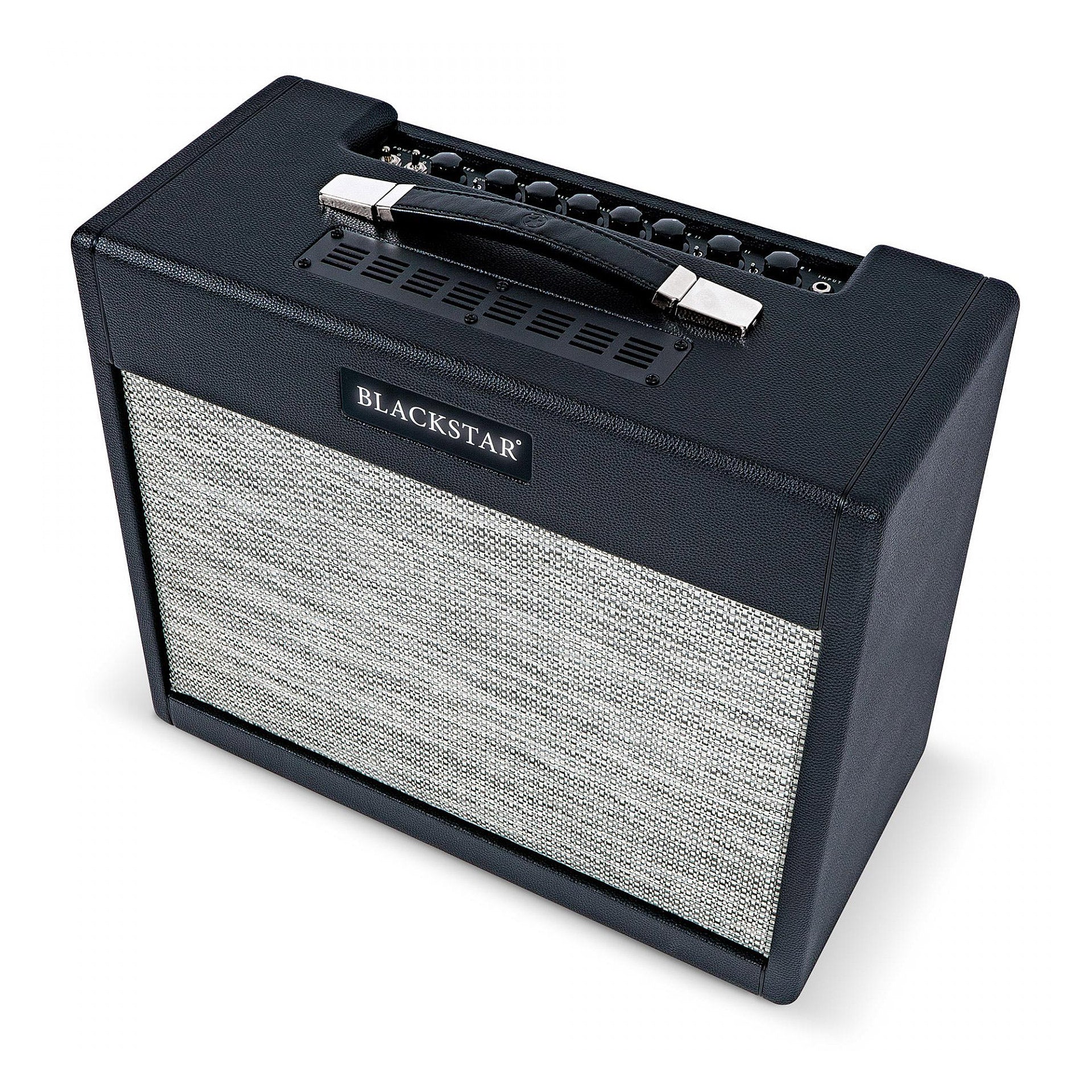 Black guitar amplifier with a woven gray front panel, control knobs on top, and a sturdy black handle; labeled “Blackstar” on the front.
