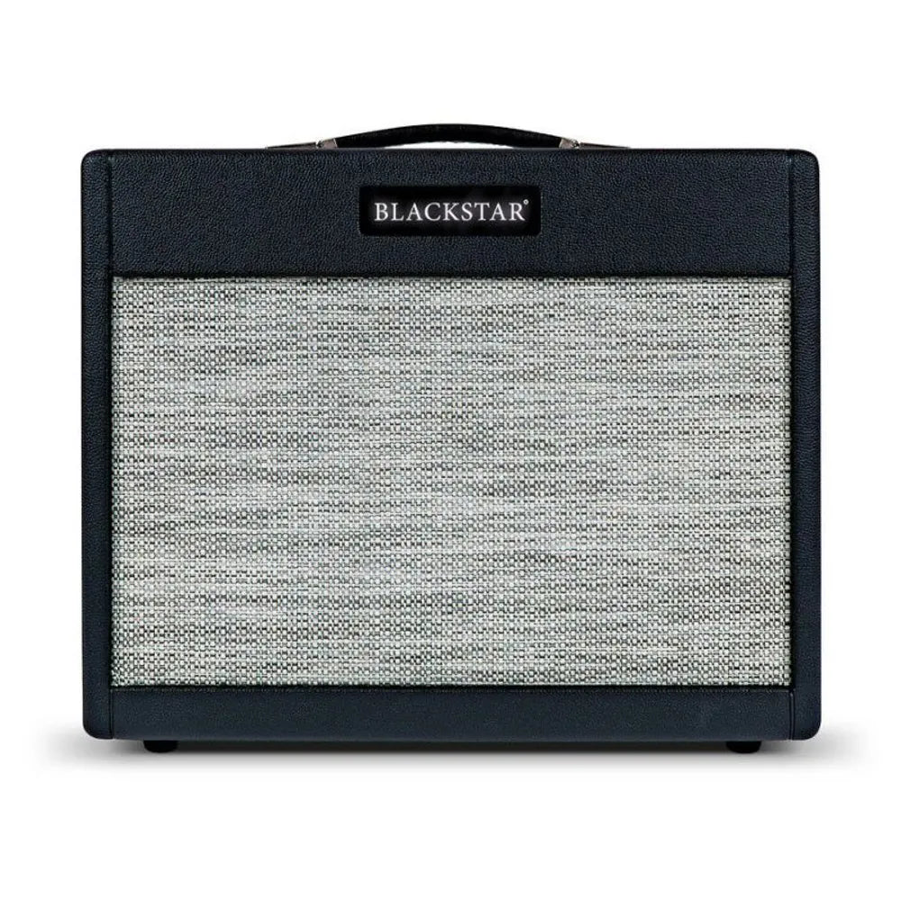 Black rectangular amplifier with a large textured gray speaker grille and a handle on top, featuring a “Blackstar” label centered above the grille.