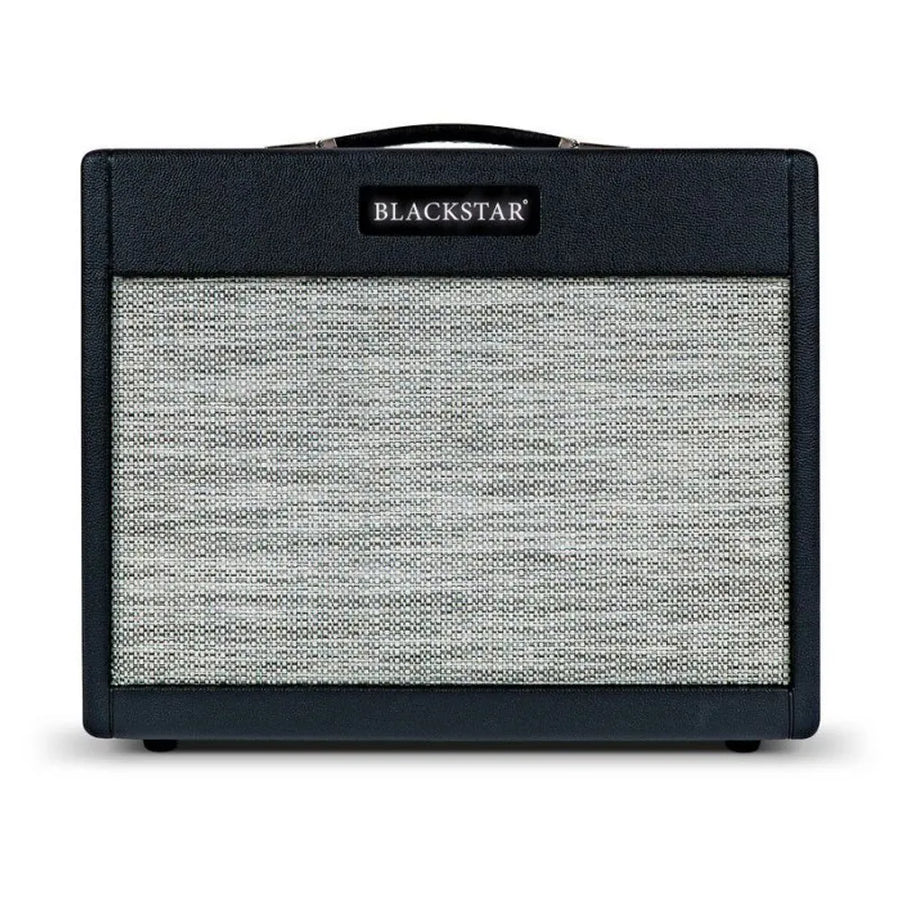 Black rectangular amplifier with a large textured gray speaker grille and a handle on top, featuring a “Blackstar” label centered above the grille.