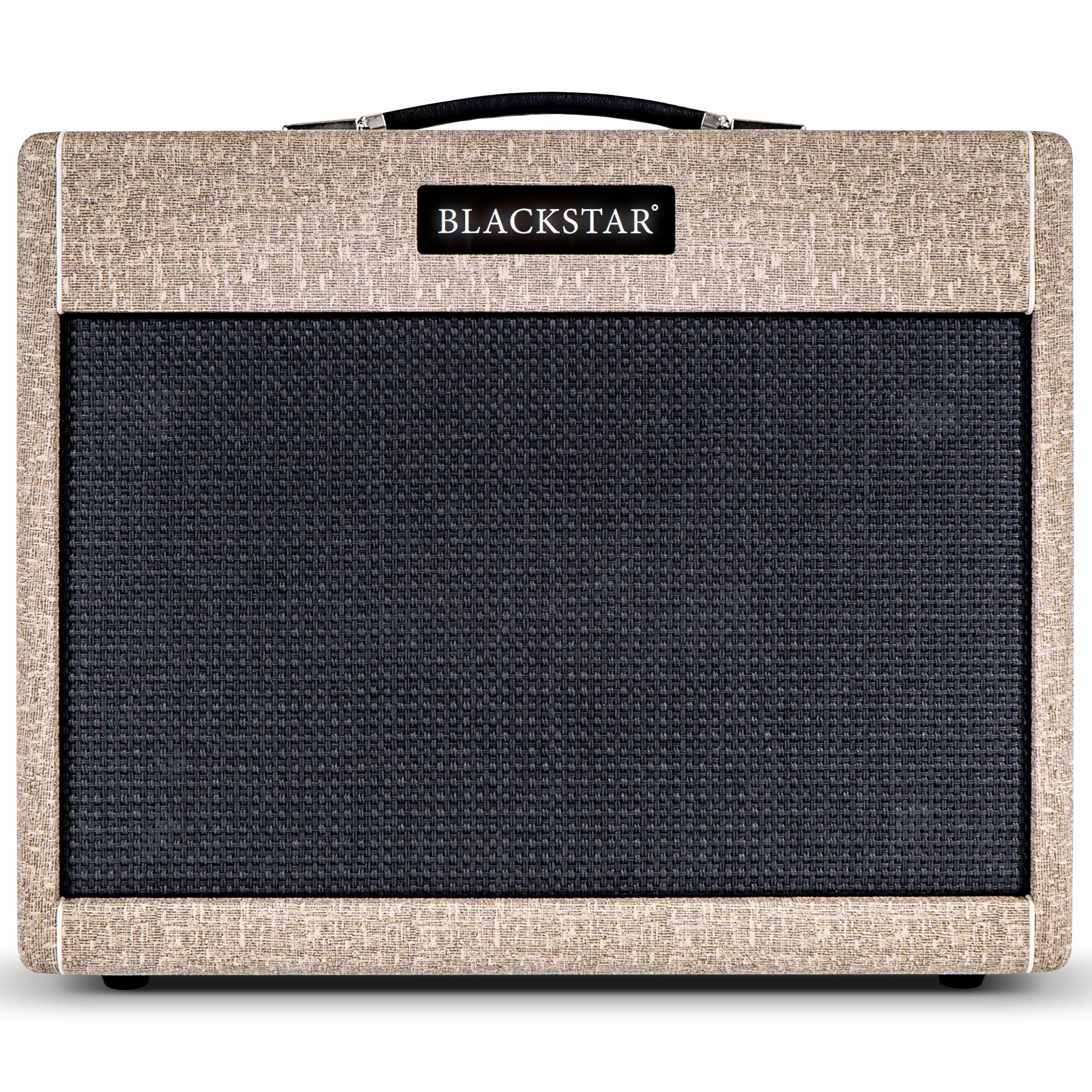 Rectangular Blackstar amplifier with a textured beige frame, black mesh front, and a black carrying handle on top.