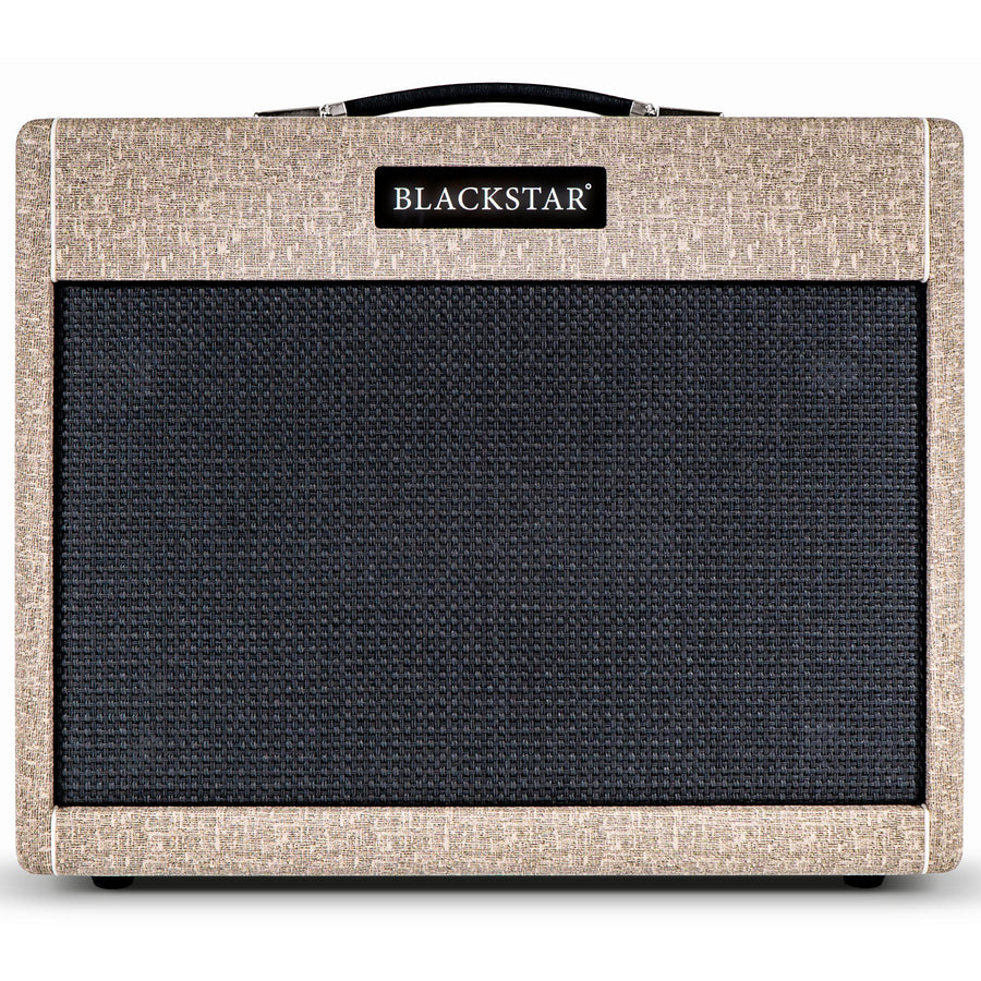 Rectangular Blackstar amplifier with a textured beige frame, black mesh front, and a black carrying handle on top.