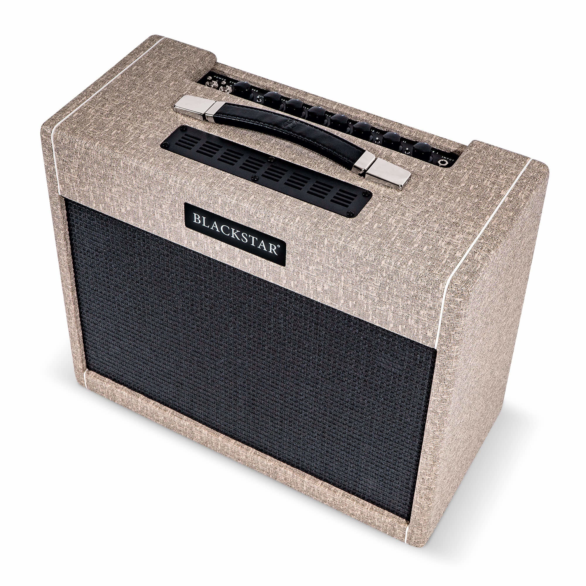 Tan-colored Blackstar amplifier with a black speaker grill, a top control panel, and a sturdy carrying handle on top.