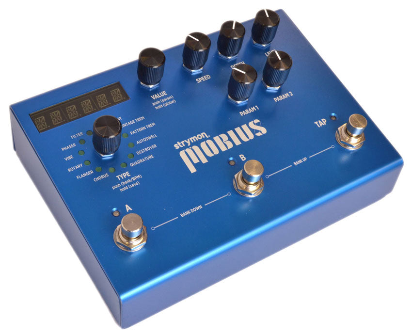 Blue Strymon Mobius effects pedal with six knobs, an LED display, labeled buttons, and three footswitches marked A, B, and TAP.