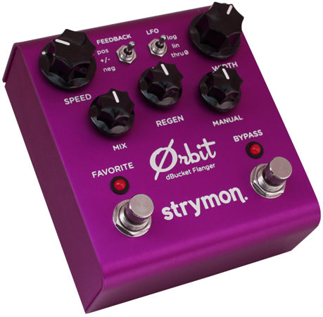 Purple Strymon Orbit dBucket Flanger effects pedal with five black knobs, two toggles, two footswitches, and white labeling for controls.