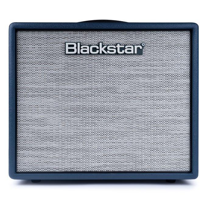 Blackstar amplifier with a textured light gray front grille and dark blue frame, featuring the Blackstar logo centered at the top.