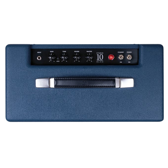 Blue guitar amplifier with a black control panel featuring knobs for gain, tone, reverb, master, input jack, and metal handle on top.