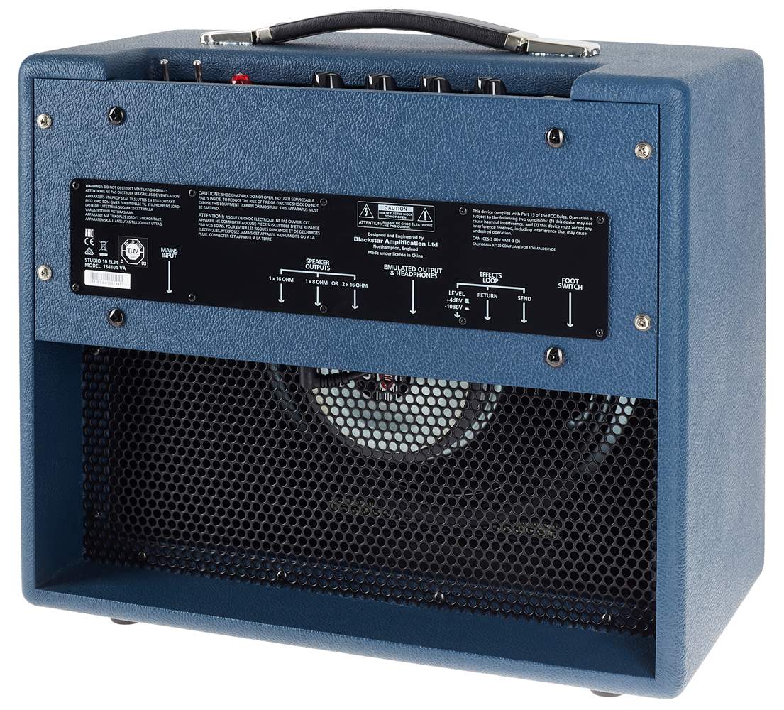 Blue guitar amplifier showing the back panel with input, output, effects loop jacks, a black mesh covering the speaker, and a carrying handle on top.