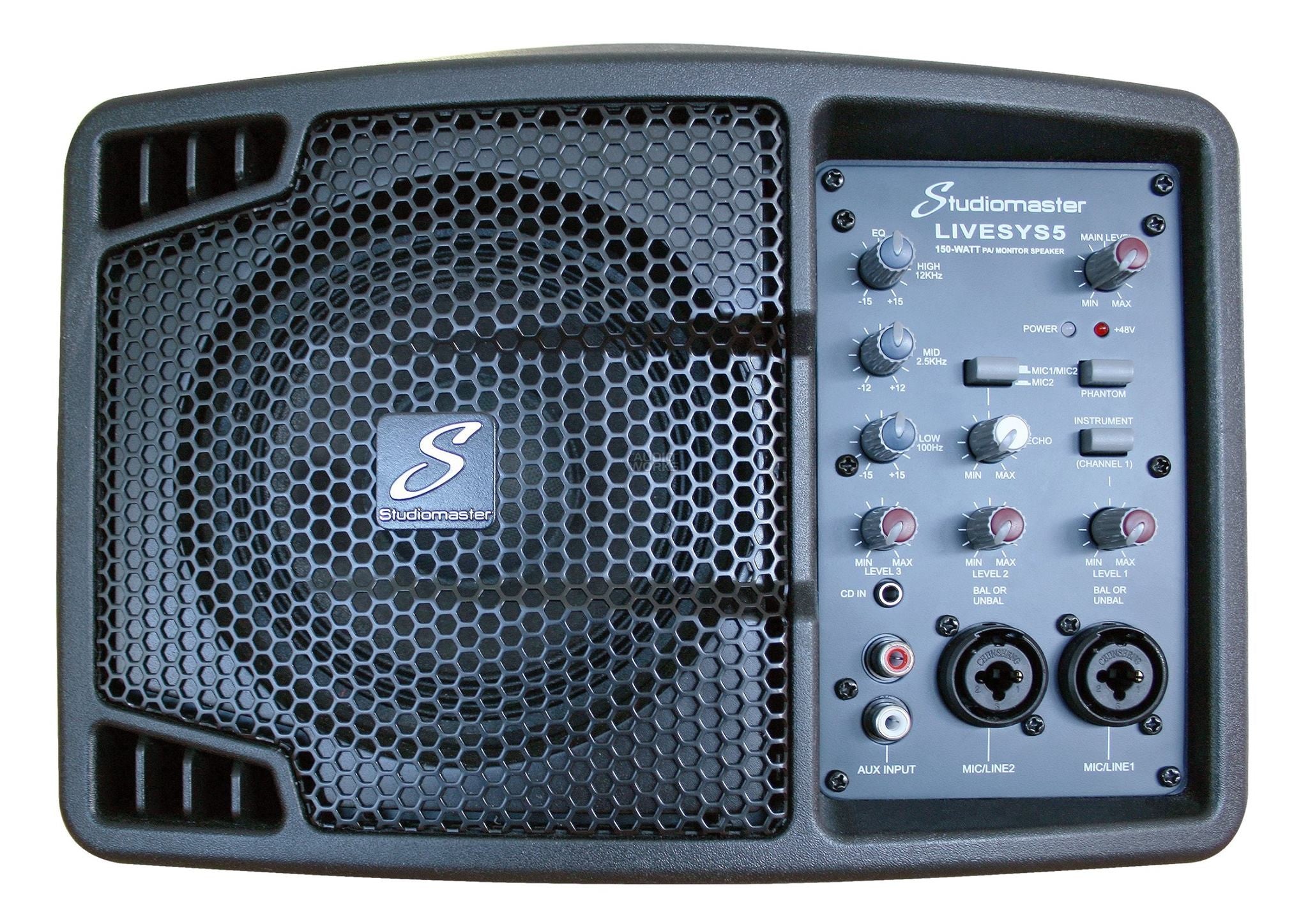 Studiomaster LIVESYS5 pro audio PA monitor with a large speaker, control knobs for EQ and volume, input jacks, and various labeled buttons.