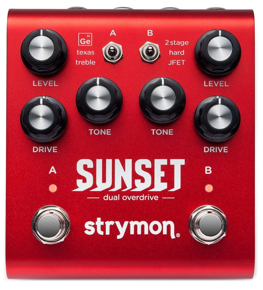 Bright red Strymon Sunset dual overdrive pedal with six black knobs, two toggle switches, two footswitches labeled A and B, and white text.