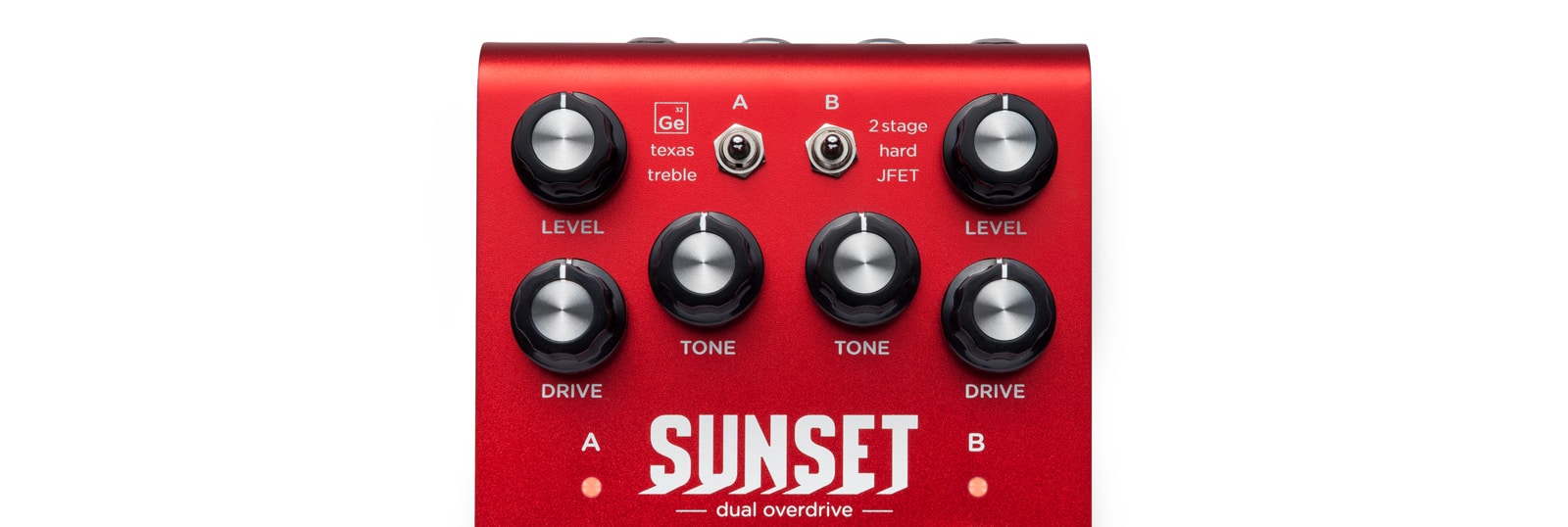 Red Strymon Sunset dual overdrive pedal with two rows of black knobs labeled level, tone, drive, two toggle switches, and white text.