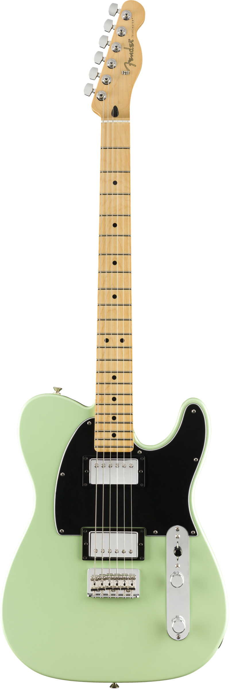 Light green electric guitar with a black pickguard, two chrome humbucker pickups, maple neck and fretboard, and chrome control knobs.