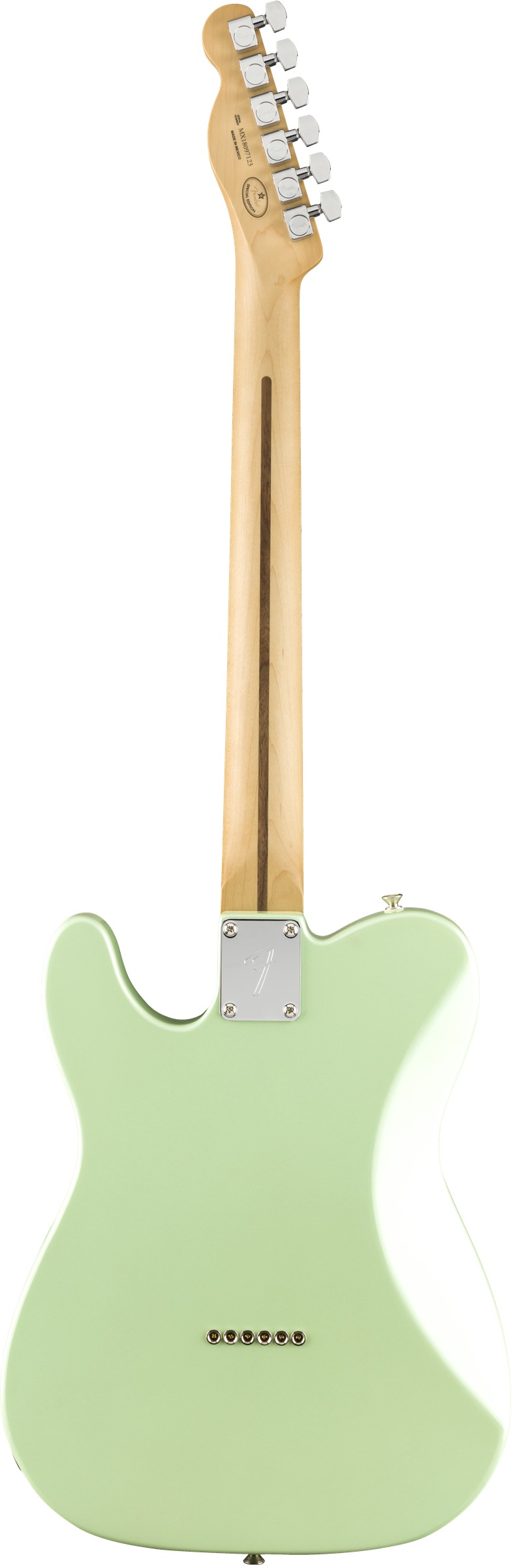 Mint green electric guitar shown from the back, with a light wood neck, silver tuning pegs, and six ferrules for string through-body construction.