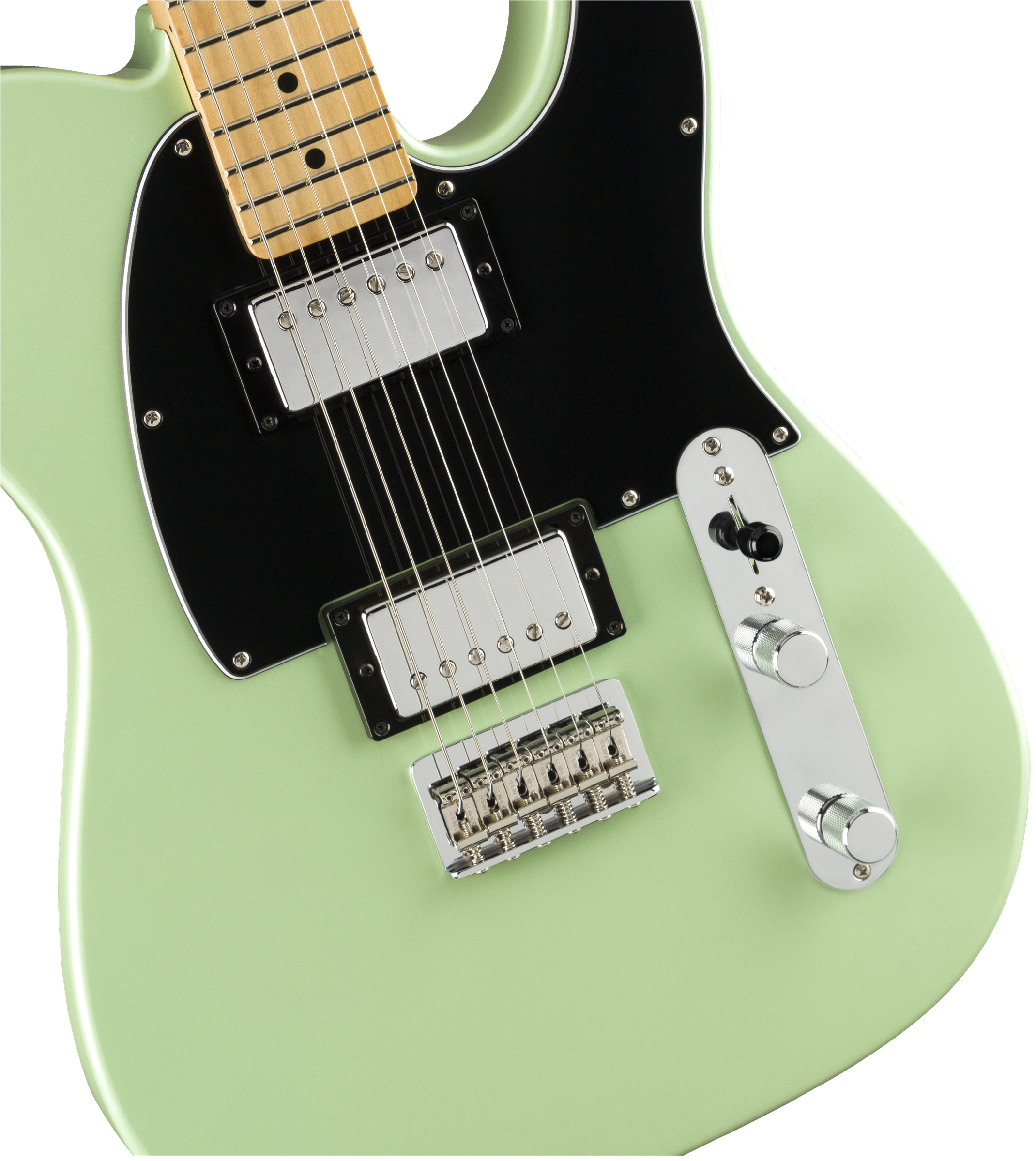 Light green electric guitar with black pickguard, two chrome humbucker pickups, chrome bridge, and chrome control knobs with switch.
