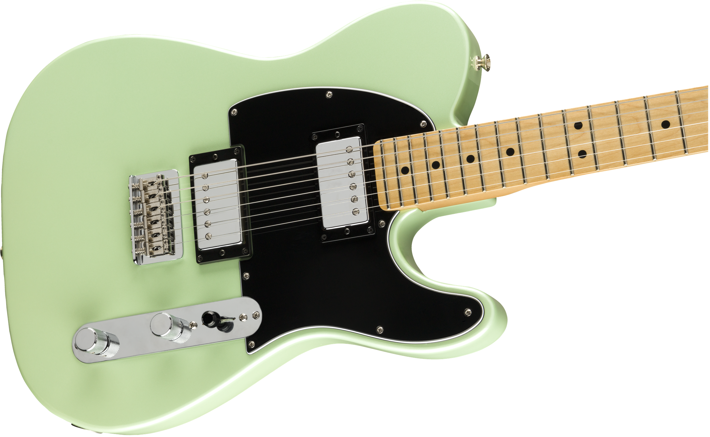 Light green electric guitar with a black pickguard, two chrome humbucker pickups, maple neck, and chrome control knobs.