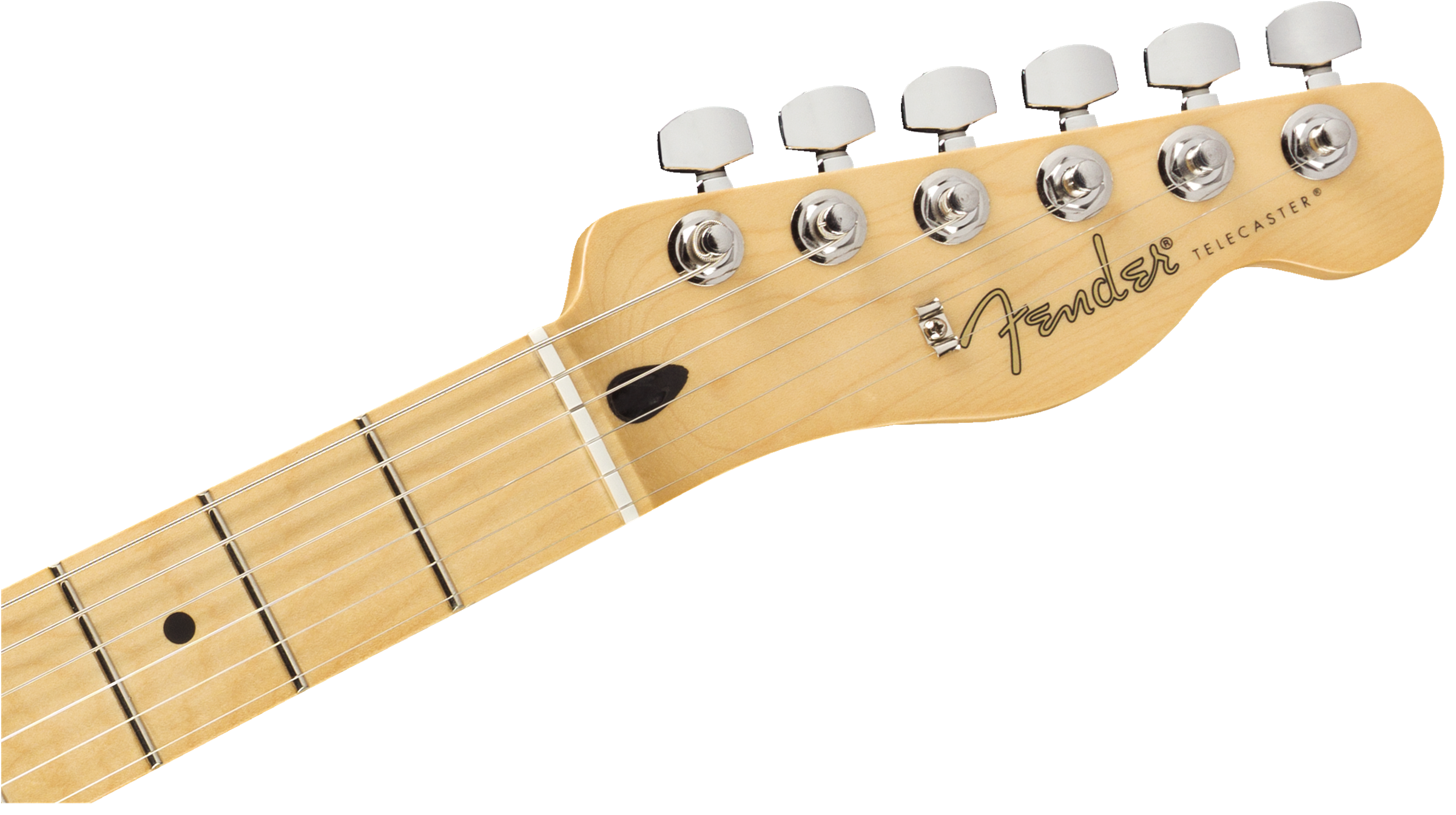 Light wood Fender Telecaster electric guitar headstock with six chrome tuning pegs and black logo, part of neck and fretboard visible.
