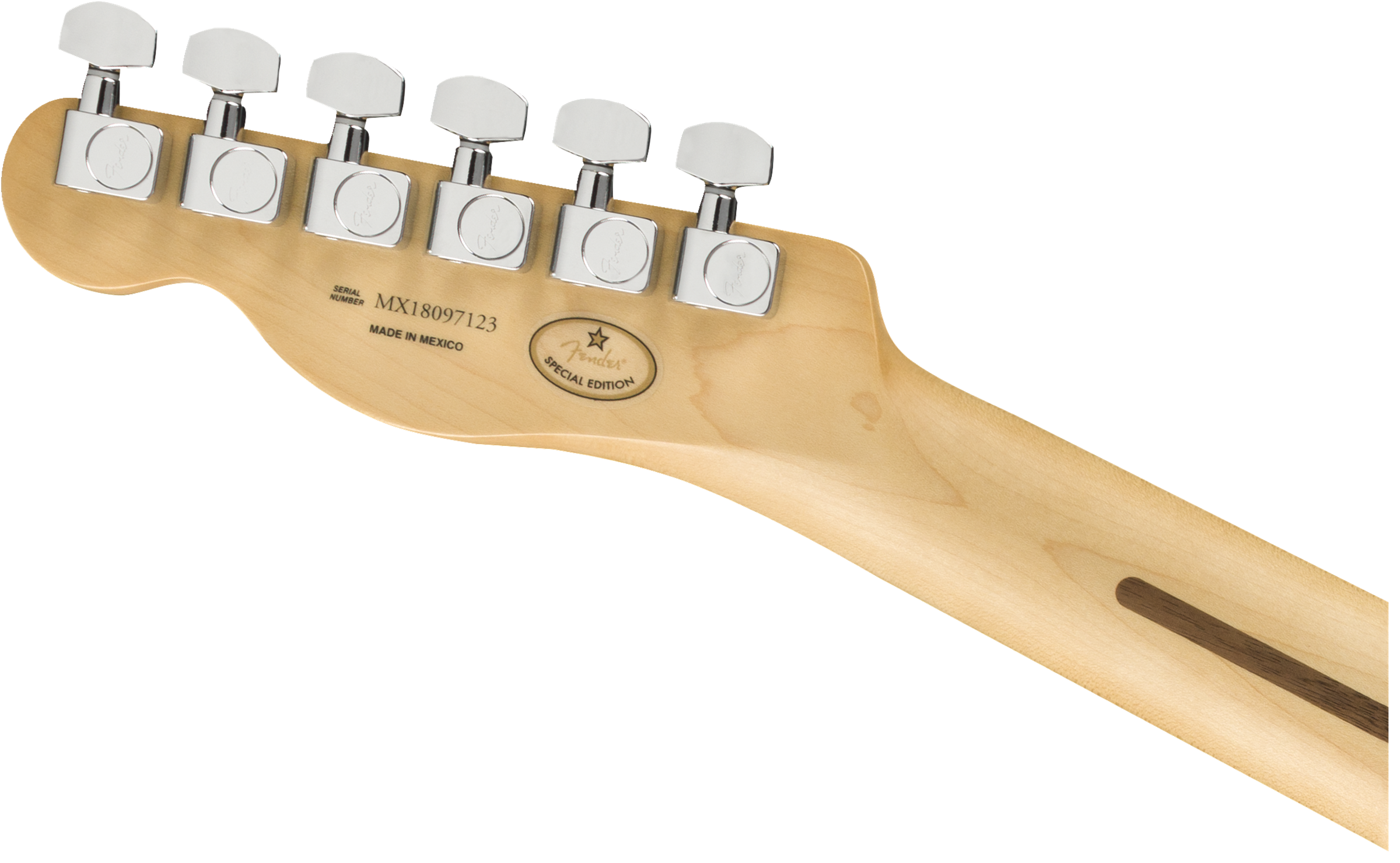 Back of a light wood electric guitar headstock with six chrome tuners, “Fender Special Edition” oval badge, serial number, and “Made in Mexico.”