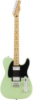Light green electric guitar with a black pickguard, two chrome humbucker pickups, maple neck and fretboard, and chrome control knobs.
