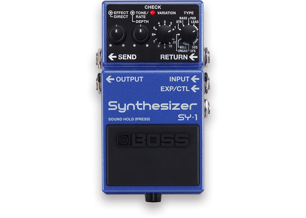 Blue Boss SY-1 Synthesizer effects pedal with four control knobs on top, labeled input, output, send, and return jacks on the sides.