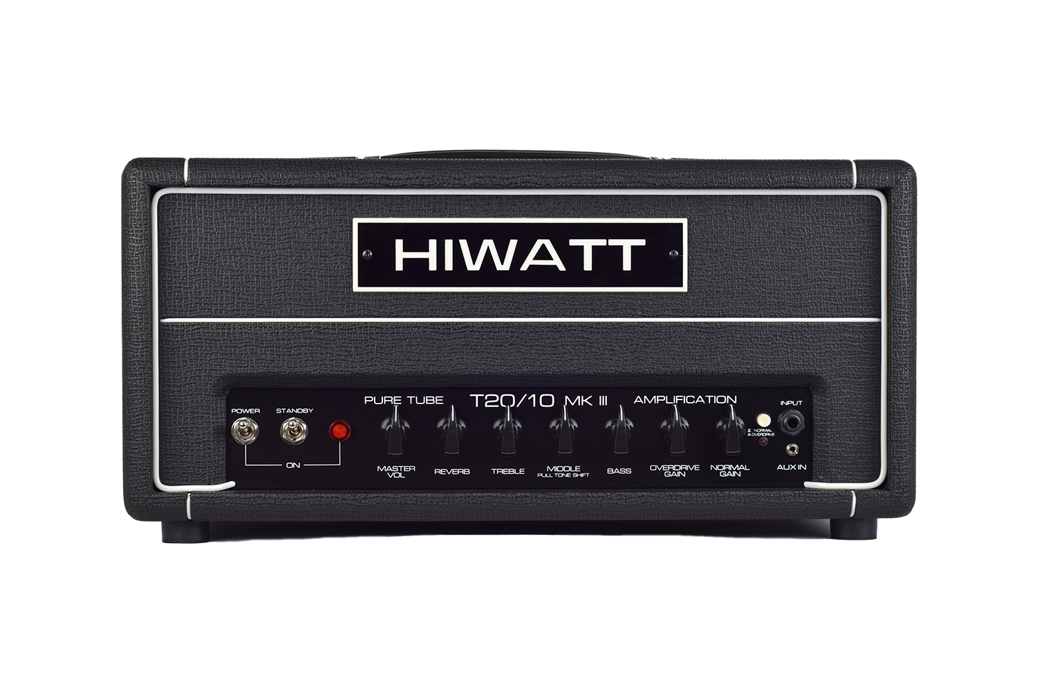 Black HIWATT T20/10 MK III amplifier head with control knobs for volume, reverb, EQ, gain, and switches for power and standby on the front panel.